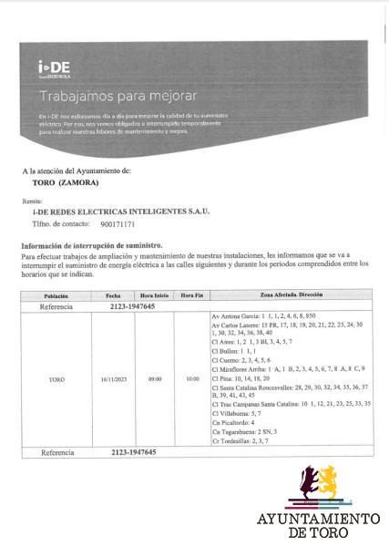 CORTE DE LUZ EL D&Iacute;A 16 DE NOVIEMBRE 